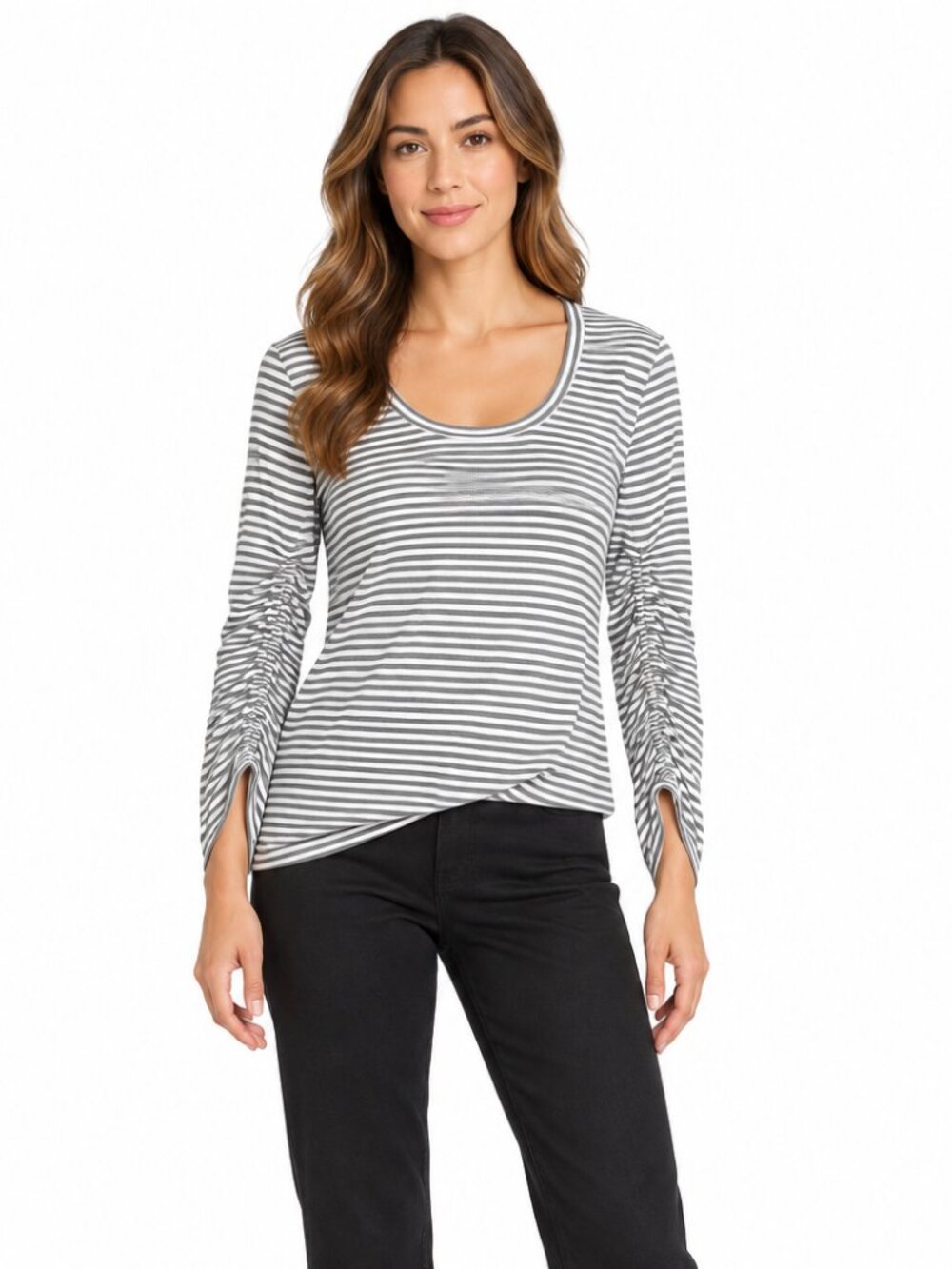 Donna Karan New York Women's Striped Print Long Sleeve Scoop Neck Top Size M